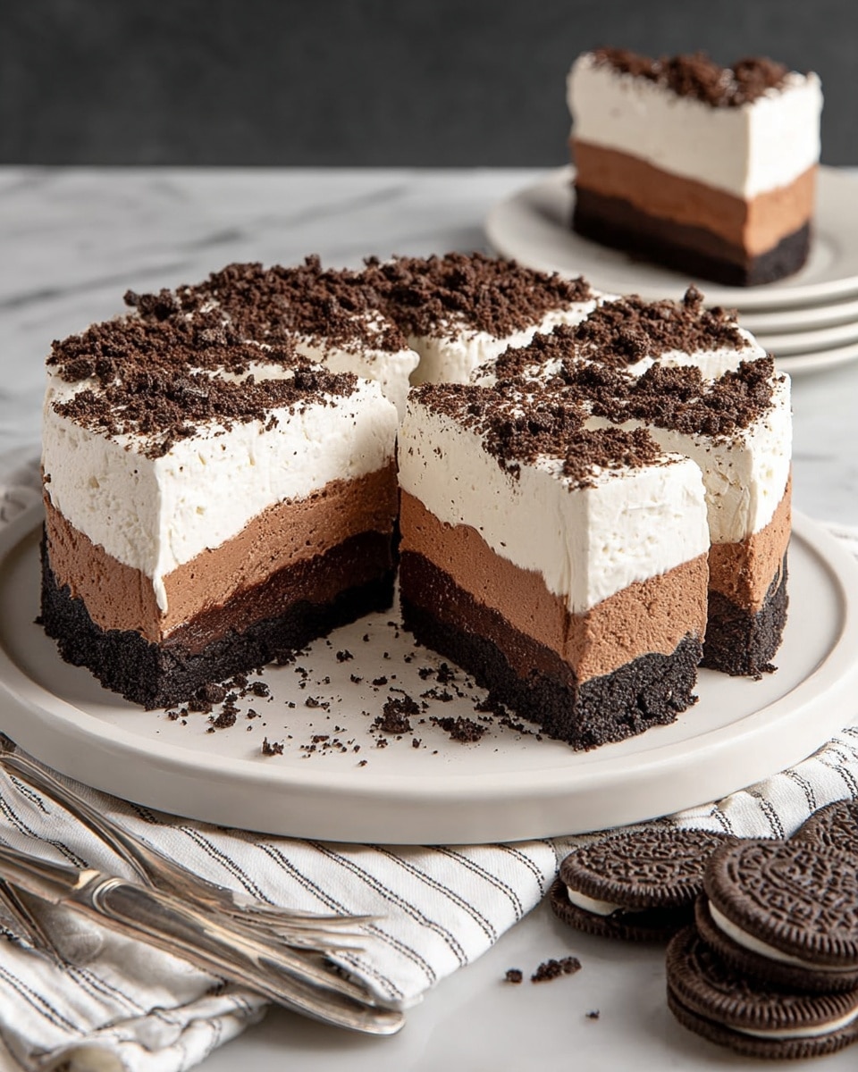 A round chocolate cream pie is shown with nine slices, three of which are slightly pulled out, revealing three distinct layers: a dark crumbly chocolate crust at the bottom, a thick middle layer of smooth chocolate mousse with a light brown color, and a thick top layer of fluffy white cream. The top surface of the pie is sprinkled with crushed dark chocolate cookie crumbs. The pie sits on a white plate placed on a white marbled surface, with two silver forks lying on a white cloth with thin black stripes to the left and a few whole and broken chocolate sandwich cookies on the right. In the background, there is a stack of white plates with a slice of the same pie on the top plate. photo taken with an iphone --ar 4:5 --v 7