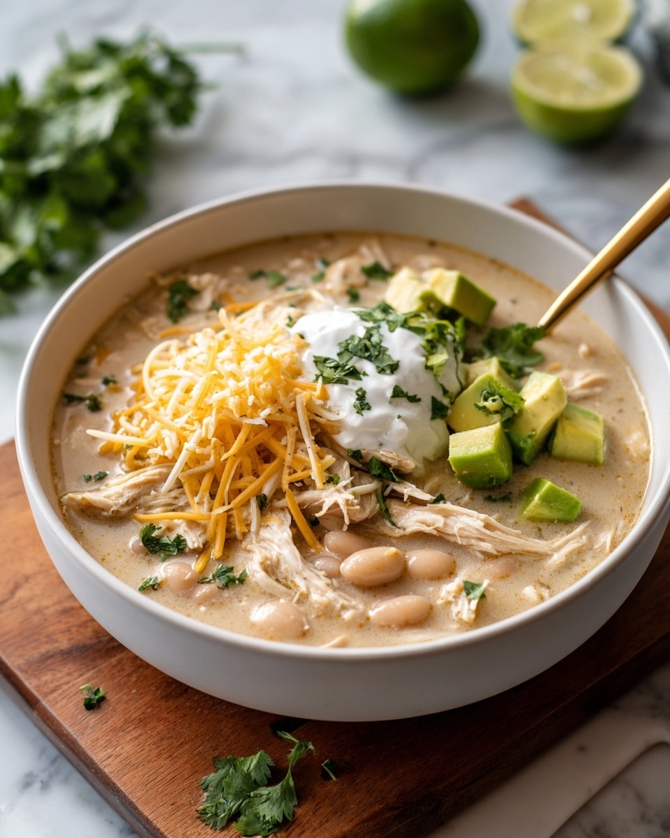 A white bowl filled with creamy chicken soup that has chunks of shredded chicken and white beans visible throughout the light tan broth. On top, there is a generous layer of shredded yellow and white cheese covering the center. Above the cheese, a dollop of white sour cream sits with small chopped green cilantro leaves scattered over it and around the bowl. To one side of the sour cream, several chunks of bright green avocado add a fresh contrast. A gold spoon is placed inside the bowl to the right. The bowl sits on a wooden board against a white marbled textured surface with halves of lime in the background. Photo taken with an iphone --ar 4:5 --v 7