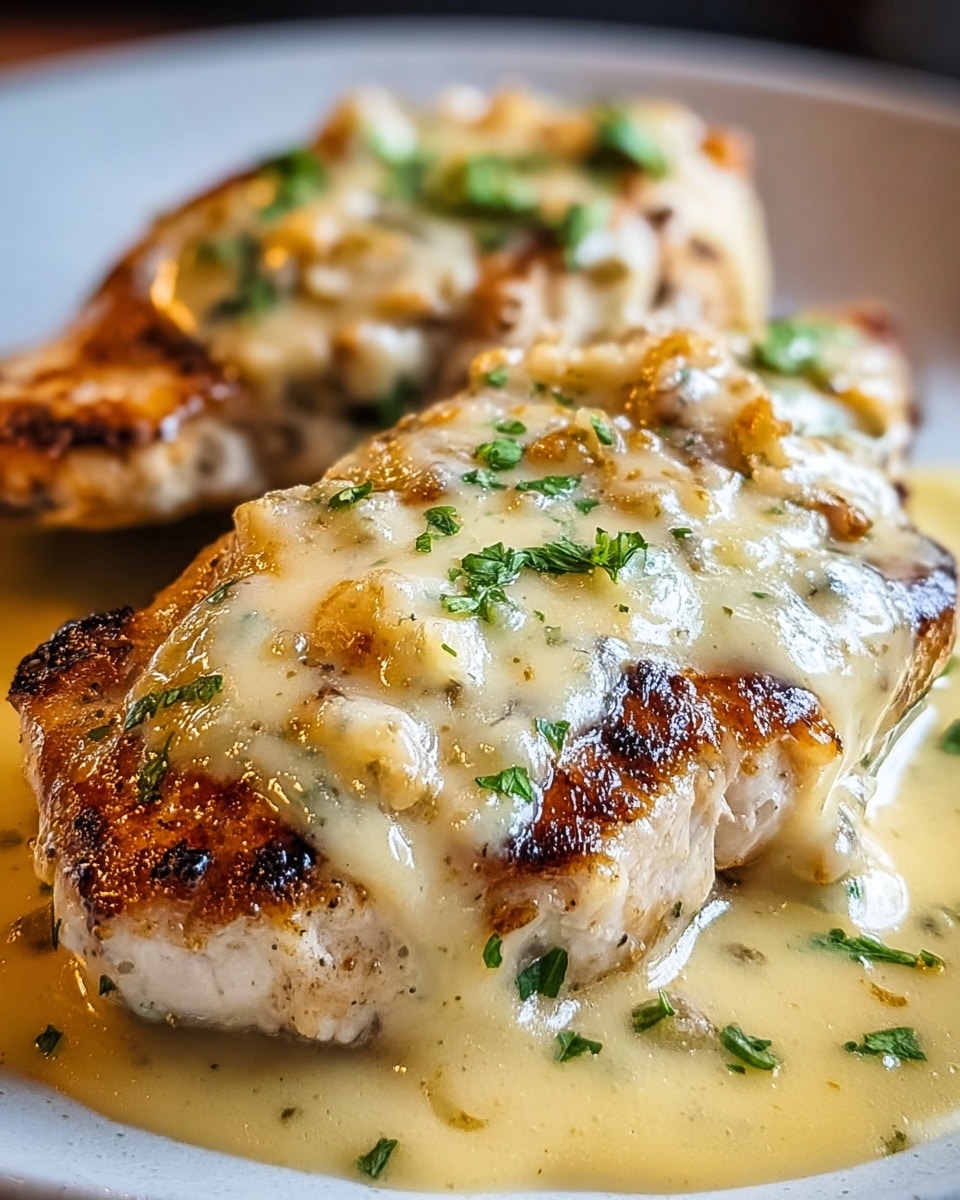 A close-up of two thick chicken breasts placed on a white plate, each piece showing a golden brown grilled texture on the edges. The chicken is covered with a creamy, pale yellow cheese sauce that has melted unevenly, creating a glossy layer with visible chunks and bits. Small green parsley leaves are sprinkled on top, adding a fresh touch of color. The sauce pools around the bottom of the chicken, giving a rich, smooth look to the base. The white marbled textured surface is subtly visible in the slightly blurred background. photo taken with an iphone --ar 4:5 --v 7