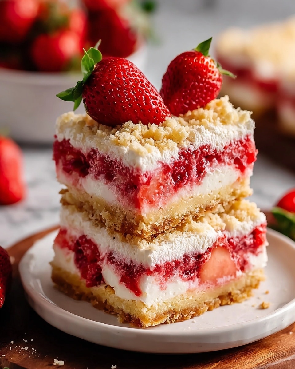 Two stacked square strawberry dessert bars sit on a white plate, each with four distinct layers: a thick, golden crumbly base, a soft red strawberry layer with chunks of strawberries visible, a fluffy white cream layer, and a crumbly light brown topping sprinkled on top. On the top bar, two bright red strawberries with green leaves are placed as decoration. The background shows more strawberries and a bowl, all on a white marbled surface, and the image has soft, natural light with a shallow depth of field. Photo taken with an iphone --ar 4:5 --v 7