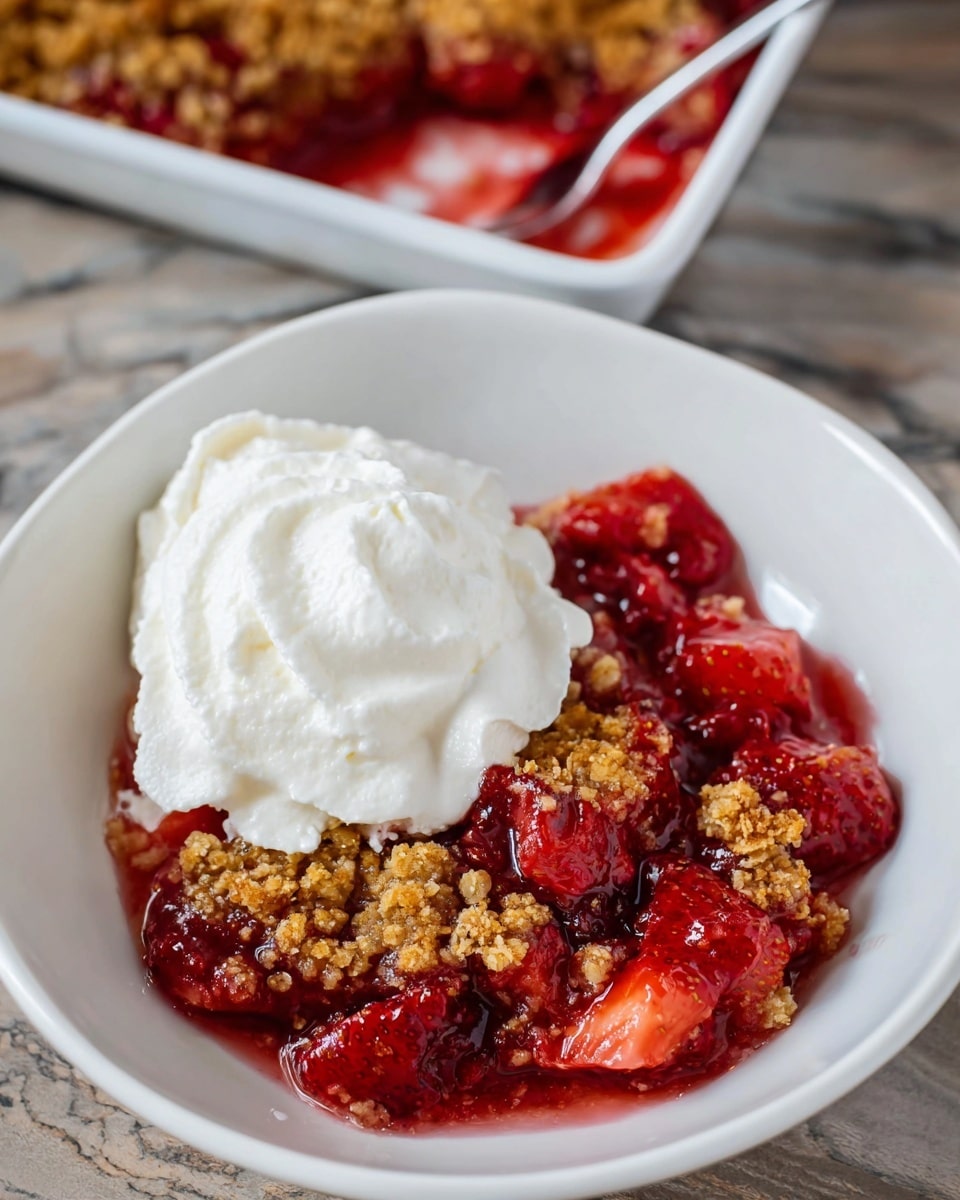 The image shows a close-up view of a baked fruit crumble in a white rectangular dish. The crumble has a thick, uneven top layer made up of golden-brown oat clusters with a rough texture. Below this topping, a bright, glossy deep red filling, likely made from berries, peeks through in many places, with some of the red juices spilling over the edge of the dish. The white dish is placed on a wooden surface, but the background should be changed to a white marbled texture. photo taken with an iphone --ar 4:5 --v 7