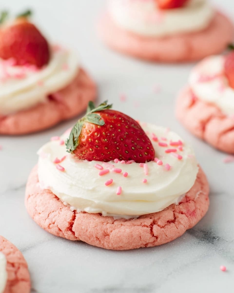 The image shows a close-up of a pink cookie base with a soft, slightly cracked texture on a white marbled surface. On top of the cookie is a thick, creamy white frosting spread in a circular shape, smooth and thick with small pink sprinkles scattered over it. A single halved ripe strawberry with bright red color and green leaves is placed on the frosting as decoration. In the background, there are more similar pink cookies topped with white frosting and strawberry halves, softly blurred. Photo taken with an iphone --ar 4:5 --v 7