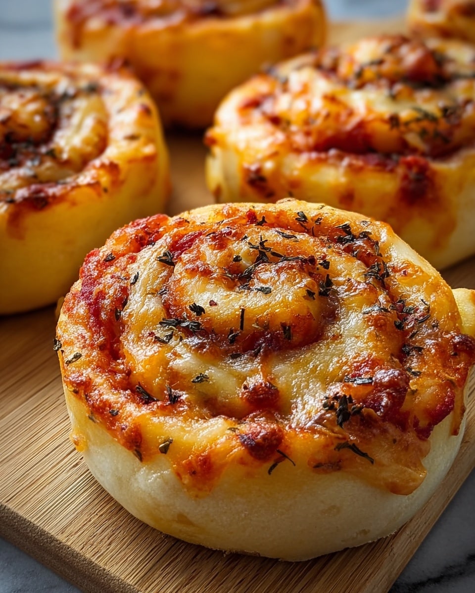 The image shows a close-up of pizza rolls on a wooden board with a white marbled texture beneath. Each pizza roll has several spiral layers starting with light golden dough on the outer edge, moving inward to rich red tomato sauce, and topped with bubbly, melted golden-brown cheese speckled with dark green dried herbs. The dough looks soft and fluffy, while the cheese is slightly browned and crispy on top, giving a warm, inviting look to the dish. photo taken with an iphone --ar 4:5 --v 7