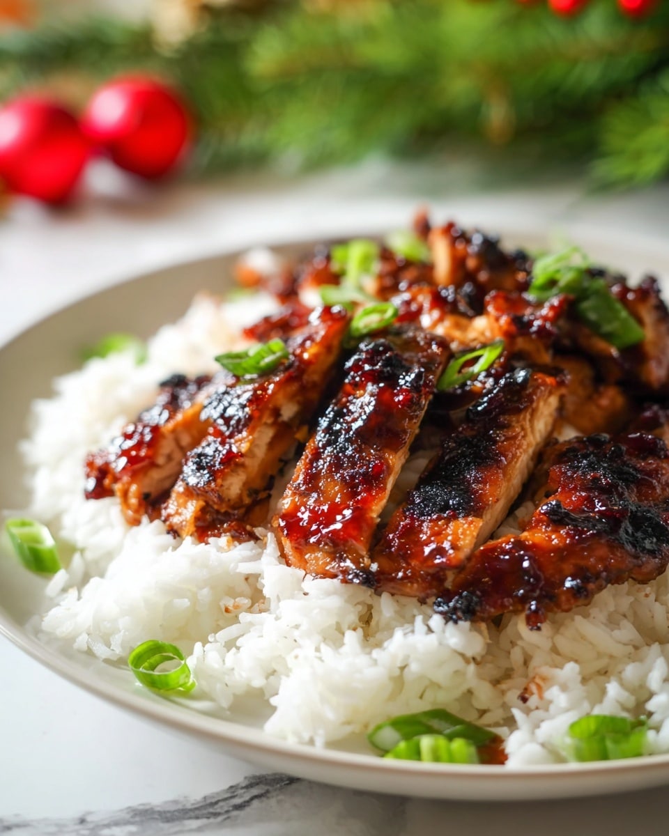 The image shows a close-up of a white plate filled with two main layers. The bottom layer is a bed of soft, fluffy white rice with a few small pieces of bright green chopped scallions scattered on top. The top layer consists of several pieces of grilled chicken glazed with a shiny, dark reddish-brown sauce that looks slightly charred in some spots, giving it a rich, caramelized texture. Bright green scallions are sprinkled on and around the chicken. The plate is set on a white marbled surface, with blurred natural greenery and red fruits in the background, creating a fresh and inviting feel. photo taken with an iphone --ar 4:5 --v 7