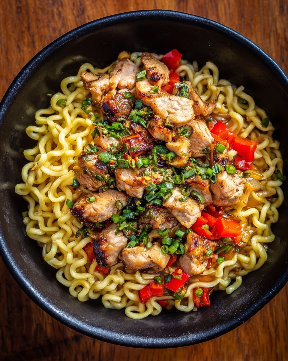 A black bowl filled with cooked curly yellow noodles forms the base layer, mixed with small diced red bell peppers. On top of the noodles, there are medium-sized pieces of cooked chicken with a light brown roasted texture. The whole dish is garnished with chopped green onions and fresh green herbs scattered evenly over the top. The bowl sits on a wooden surface. photo taken with an iphone --ar 4:5 --v 7