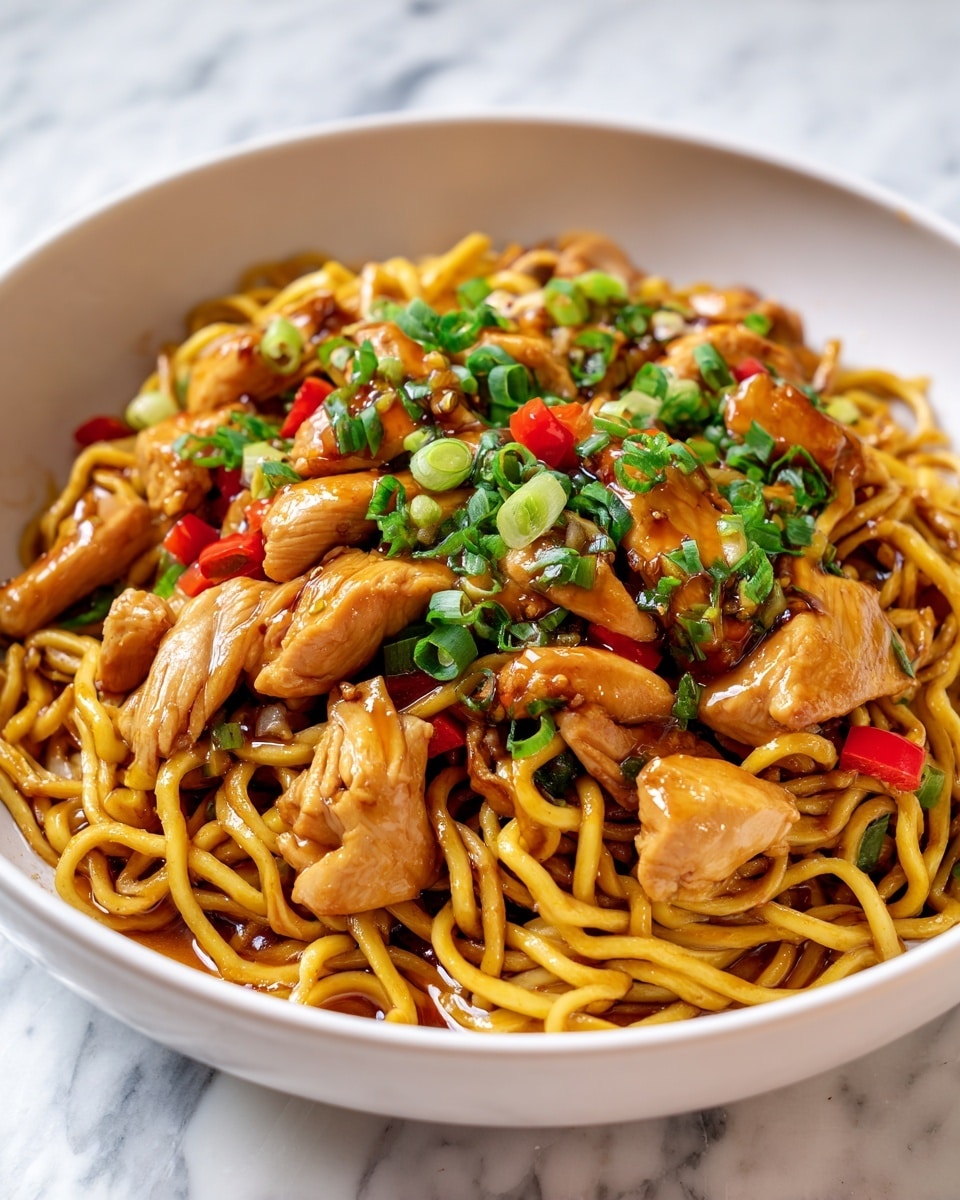 A white bowl filled with cooked curly noodles forms the base layer, coated in a glossy, brown sauce. On top, there are medium-sized pieces of cooked chicken, golden brown and tender. Scattered throughout the dish are small diced red bell peppers and chopped green onions, adding splashes of red and vibrant green colors. The entire dish is garnished with finely chopped fresh herbs that add a bright green accent over the chicken and noodles. The bowl sits on a white marbled surface with a blurred background. photo taken with an iphone --ar 4:5 --v 7