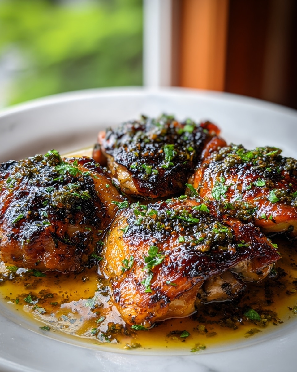 The image shows four pieces of grilled chicken thighs arranged close together on a white plate, each piece with a dark, crispy, and slightly charred skin on top. The chicken has a rich golden-brown color with shiny, oily glaze on the surface and is sprinkled with finely chopped fresh green herbs. The chicken sits in a shallow pool of golden-brown sauce with visible herbs and spices floating in it. The background has a soft view of green outside seen through a window, while the plate rests on a white marbled texture. photo taken with an iphone --ar 4:5 --v 7