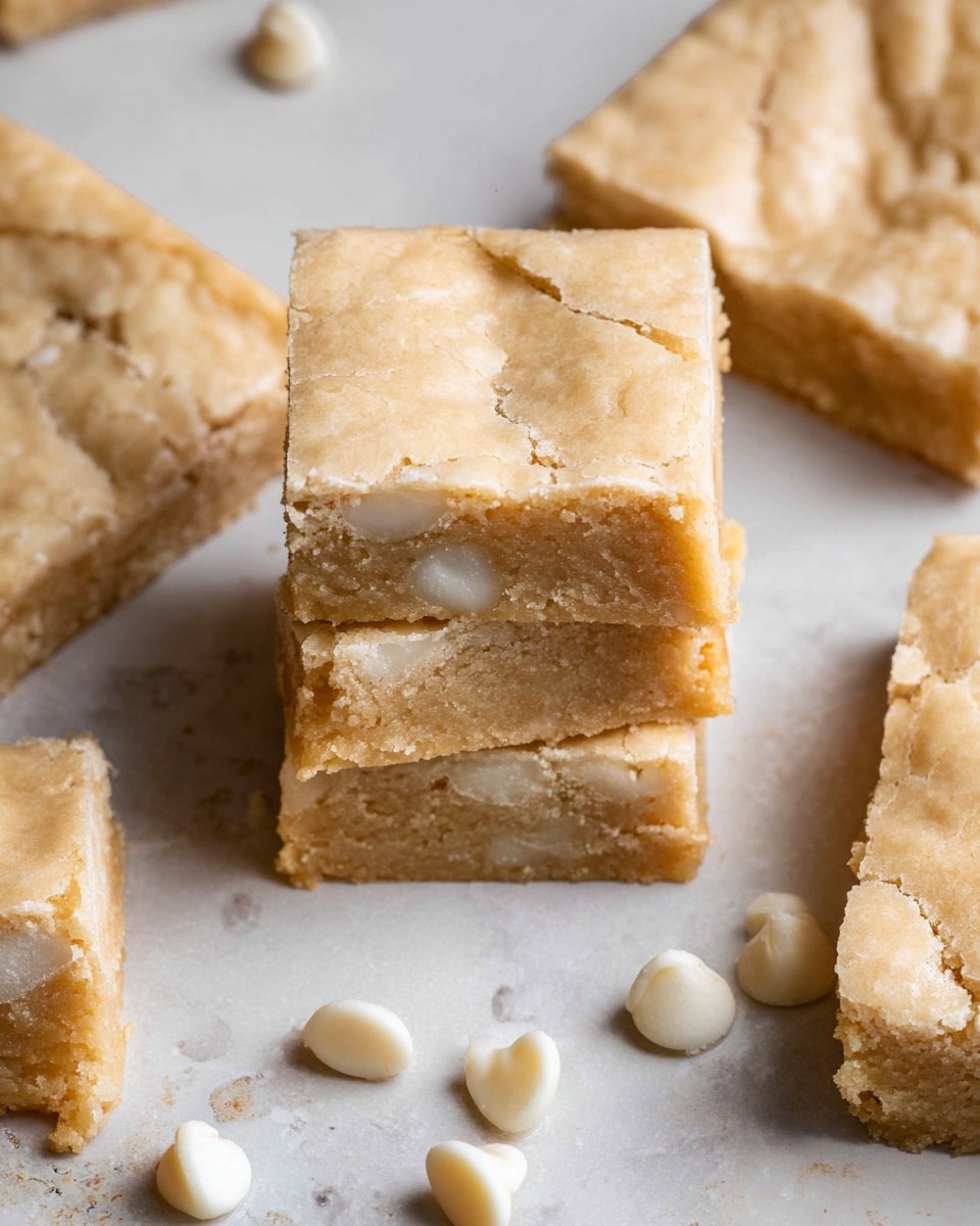 The image shows several light beige square blondie bars with a cracked, slightly shiny top layer and a dense, soft texture inside. One bar is stacked on top of another, showing the thickness and crumbly texture, while small white chocolate chips are scattered around on a white marbled surface. The bars have a subtle golden edge with visible cracks giving a homemade feel. photo taken with an iphone --ar 4:5 --v 7