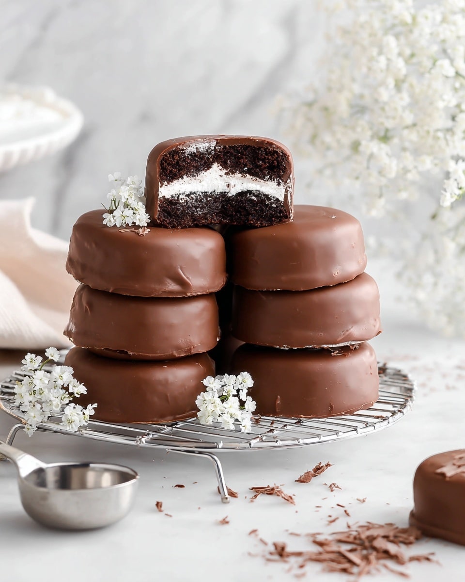 A stack of six round chocolate-covered cakes is arranged on a white plate with a wire rack underneath, placed on a white marbled surface. Each cake has a smooth, glossy milk chocolate coating covering the outside. One cake is cut in half and rests on top of the others, showing two layers of dark, moist chocolate cake with a thick white cream filling in the middle. Around the cakes are small white flowers adding a delicate touch, and chocolate shavings are scattered on the marbled surface. In front, there is a small silver measuring cup. The background is softly blurred with a white marbled texture. photo taken with an iphone --ar 4:5 --v 7