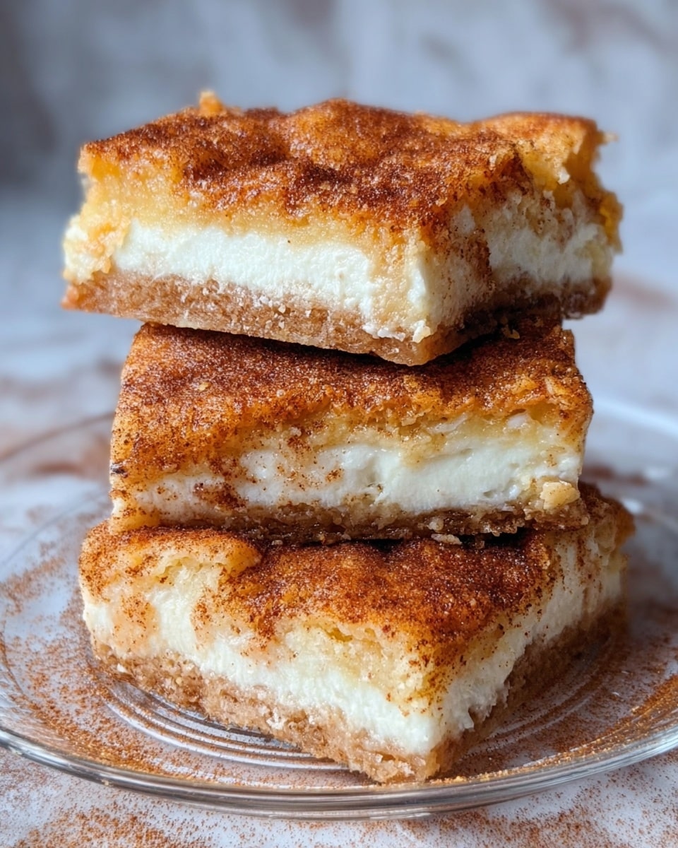 The image shows a stack of three square pieces of a baked dessert with three visible layers each, placed on a clear glass plate. The top and bottom layers are golden brown, crumbly, and slightly rough in texture, with a sprinkling of cinnamon or sugar that adds a warm reddish-brown color. The middle layer is thick, creamy, and white, looking soft and smooth. The layers appear dense but moist, and the edges show a slightly crunchy texture. The background is a white marbled texture. photo taken with an iphone --ar 4:5 --v 7