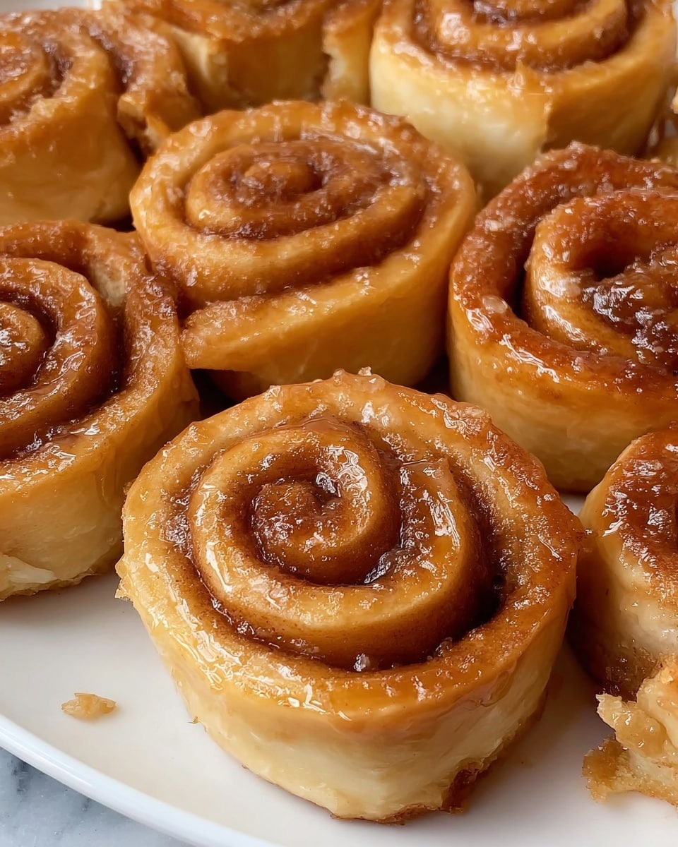The image shows a close-up of several cinnamon rolls arranged closely together on a white plate. Each roll has about 5 visible spiral layers of soft dough with a golden-brown outer edge, and the inner swirls are coated with a shiny, sticky glaze that gives a slightly caramelized texture. The dough layers are light tan with a smooth surface, while the cinnamon filling is darker brown and grainy, spread evenly in thin lines between the layers. The rolls have a slight puffiness with some sugary granules sprinkled on top, and small bits of cinnamon filling peek out from the edges. The background surface is a white marbled texture. photo taken with an iphone --ar 4:5 --v 7