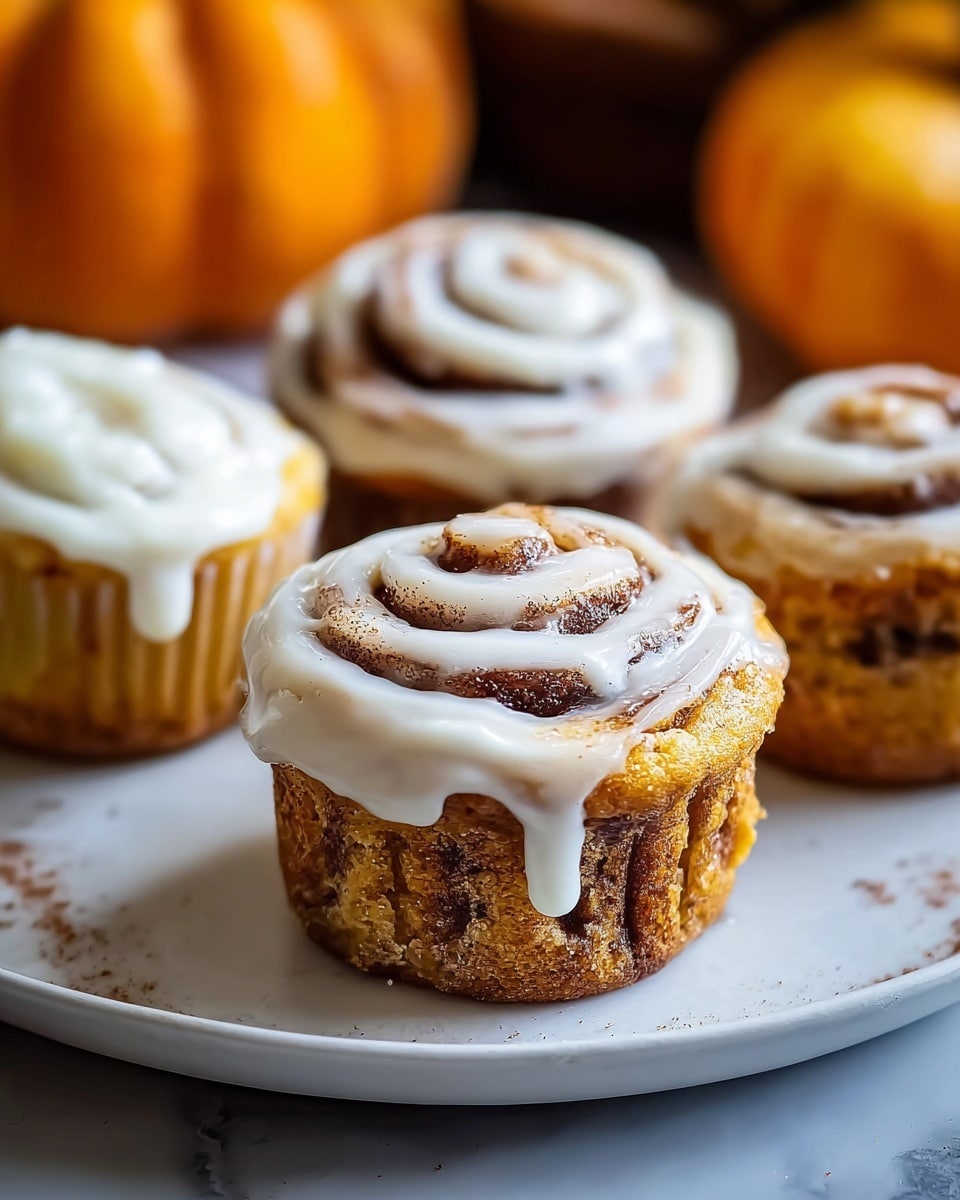 A close-up view of four cinnamon roll cupcakes placed on a white plate with a white marbled textured surface underneath. Each cupcake has one main layer with a golden-brown baked dough base, showing swirls of darker cinnamon throughout. On top is a creamy white icing applied in a spiral pattern, with some dripping slightly down the sides. The cupcakes have a soft, moist texture with fine cinnamon powder sprinkled lightly on the icing and plate. The background shows blurred pumpkins in warm orange tones adding a cozy fall feeling to the scene. photo taken with an iphone --ar 4:5 --v 7