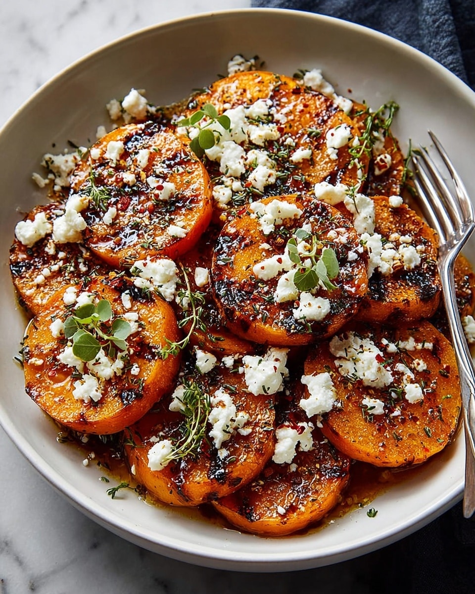 The dish is a white bowl filled with two layers of round, thick, bright orange roasted squash slices that have dark caramelized grill marks on top. The squash slices have a glossy texture from the glaze or oil. Crumbled white cheese is scattered generously over the squash, adding a rough texture contrast. Small green herb leaves and finely chopped herbs are sprinkled all over the dish along with tiny red flakes. A few fresh green herb sprigs sit on top as garnish. There is a silver fork tucked on the right edge of the bowl. The bowl is placed on a white marbled surface. photo taken with an iphone --ar 4:5 --v 7