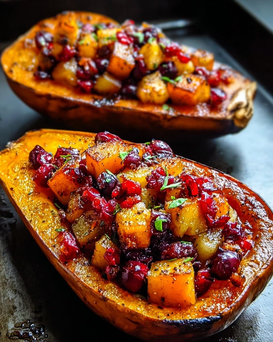 Two halves of roasted orange squash with a dark brown skin make the base, each filled with a colorful mix of golden brown diced fruit and red cranberries. The fruit is cooked and slightly caramelized, giving a shiny texture with some crispy edges. Small green herb pieces are sprinkled on top, adding a fresh touch. The halves rest on a dark pan surface, with the bright filling contrasting against the deep, warm colors of the squash skin and filling. photo taken with an iphone --ar 4:5 --v 7