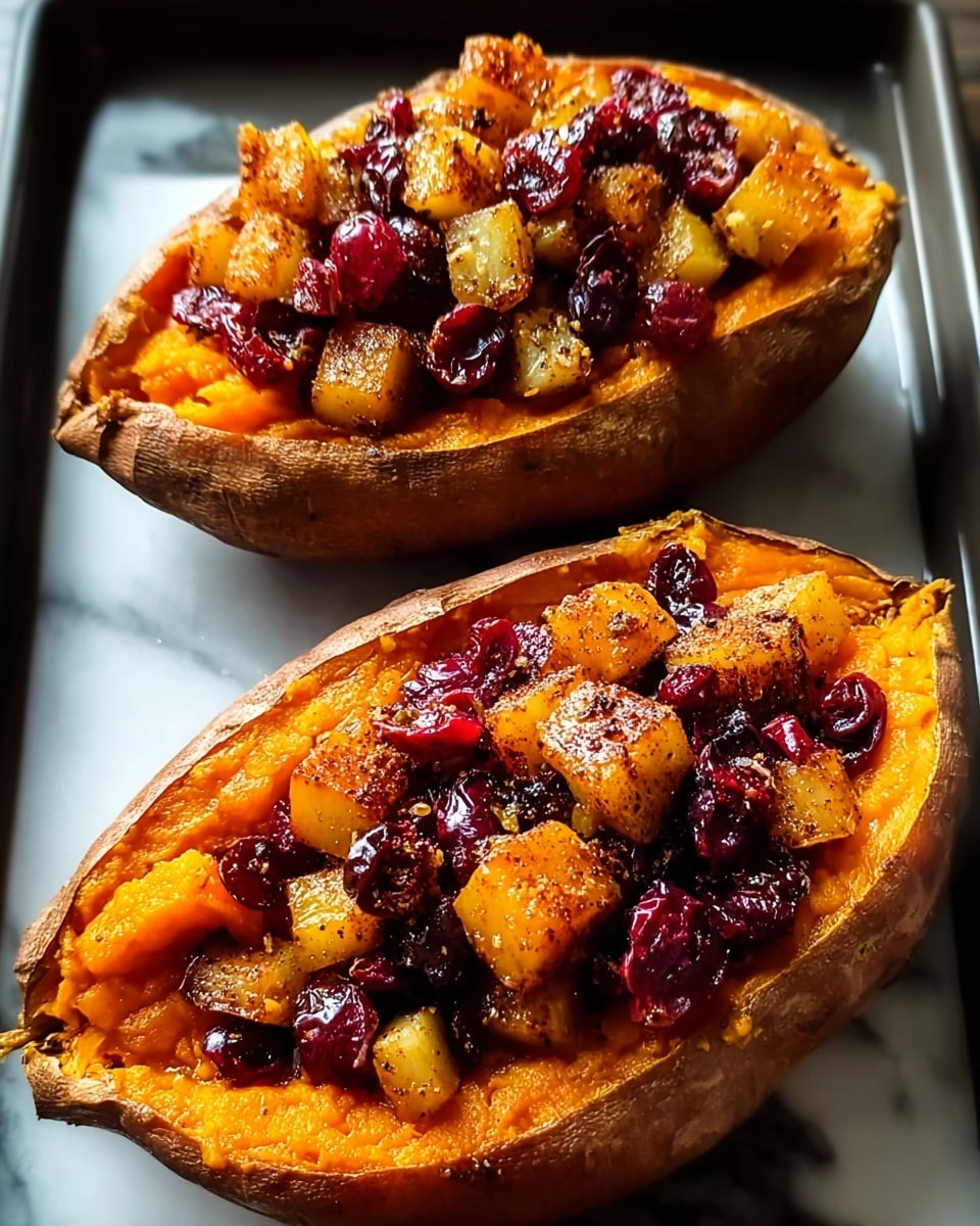 Two baked sweet potato halves with wrinkled brown skin and soft orange flesh fill the frame, each topped with a mix of small golden-brown cinnamon-spiced diced apples and shiny deep red dried cranberries. The sweet potato halves rest on a dark tray, which is placed on a white marbled surface. The topping is piled high with uneven textures and glistening highlights showing a slightly caramelized finish. photo taken with an iphone --ar 4:5 --v 7