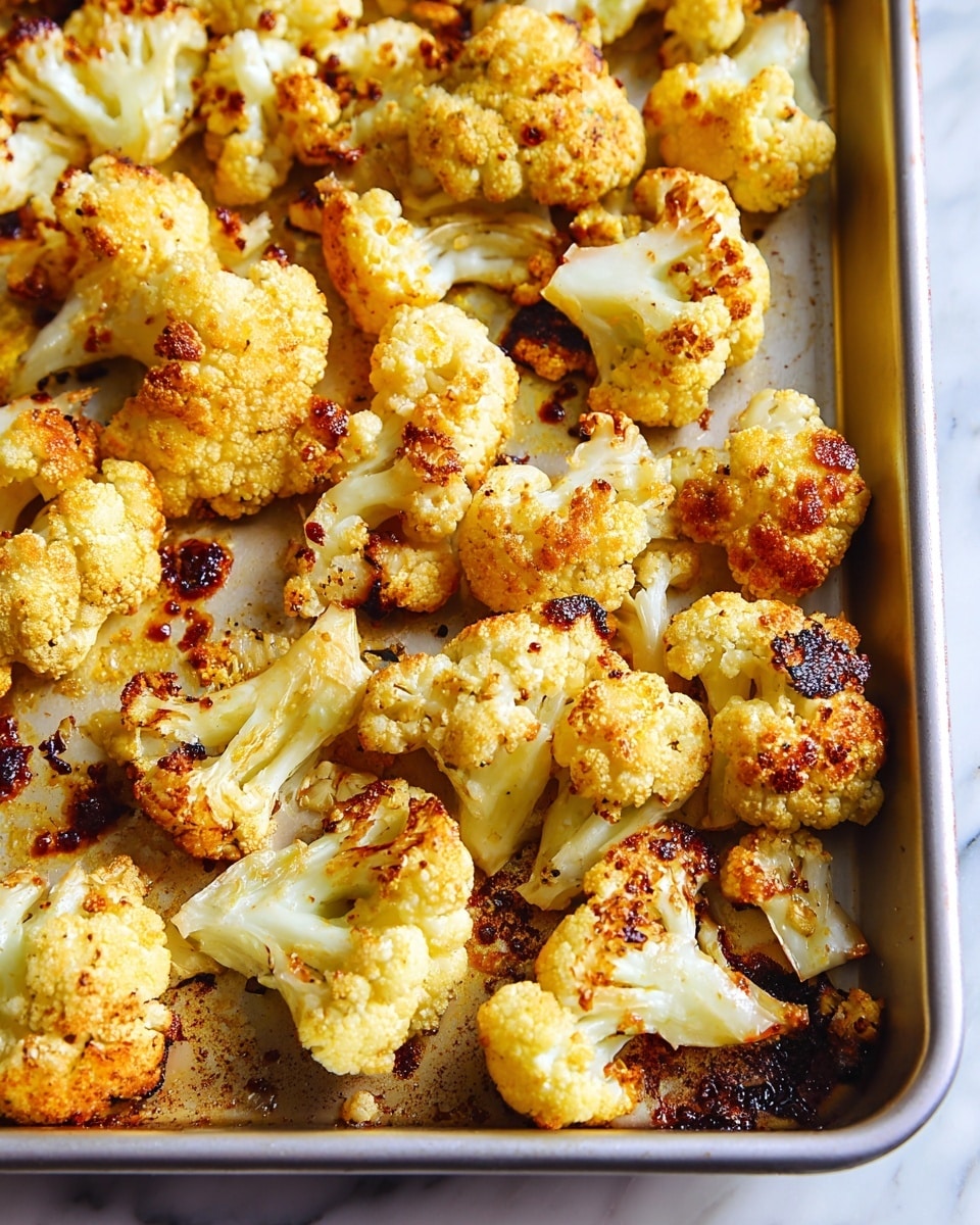 The image shows a baking tray filled with roasted cauliflower pieces, with about two layers mostly overlapping. Each cauliflower piece has a light golden-yellow color with crispy, browned edges and some darker charred spots scattered across the surface. The texture of the cauliflower is bumpy and slightly crumbly on top, with some areas showing tender, softer white interiors. The baking tray has some spots of caramelized juices and browned bits stuck around the cauliflower. The entire scene is placed on a white marbled texture. Photo taken with an iphone --ar 4:5 --v 7