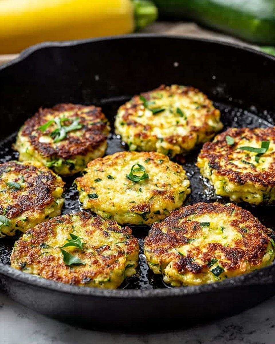 In the image, there is a black cast iron pan with seven golden-brown zucchini fritters cooking inside. Each fritter is round and thick with a rough texture, showing bits of green zucchini and light yellow batter. Some fritters have small green herb leaves on top, adding a fresh touch. The pan sits on a white marbled surface with a yellow squash and green zucchini blurred in the background. The lighting highlights the crisp edges of the fritters, giving them a delicious and crispy look photo taken with an iphone --ar 4:5 --v 7