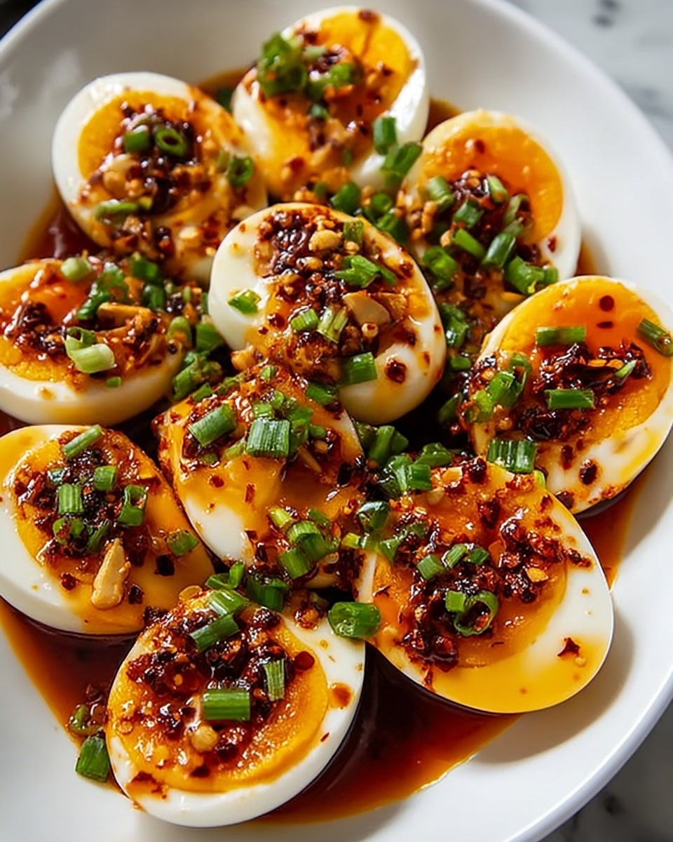 A white bowl filled with about a dozen halved soft-boiled eggs, their whites bright white and smooth, with slightly runny deep orange yolks in the center. Each egg half is topped with a thick layer of shiny, reddish-brown chili oil and red chili flakes that coat the yolks and spill over the edges. Fresh chopped green onions are scattered generously over the eggs, adding bright green accents. The chili oil pools at the bottom of the bowl, creating a rich, vibrant sauce around the eggs. The bowl sits on a white marbled surface. photo taken with an iphone --ar 4:5 --v 7
