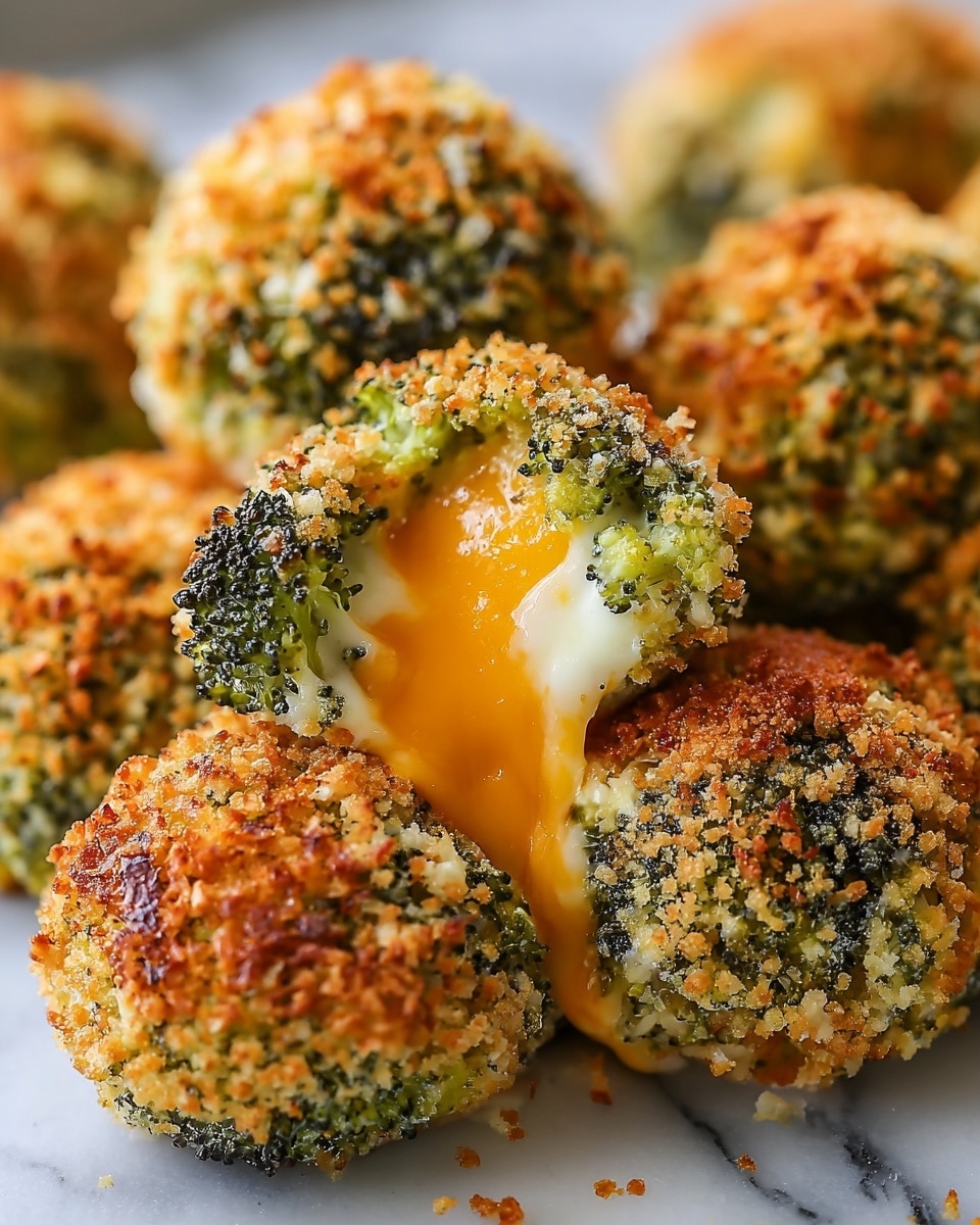 The image shows round broccoli bites with three main layers: the outer green broccoli layer with small dark green buds and a crunchy, toasted light brown breadcrumb topping scattered evenly, the middle layer of melted creamy white cheese that oozes slightly, and the innermost layer of bright orange melted cheddar cheese clearly visible in the center. One broccoli bite is partially bitten, revealing the gooey cheese inside. The bites rest closely together on a white marbled surface, with a soft focus on the background to emphasize the front broccoli bites. photo taken with an iphone --ar 4:5 --v 7