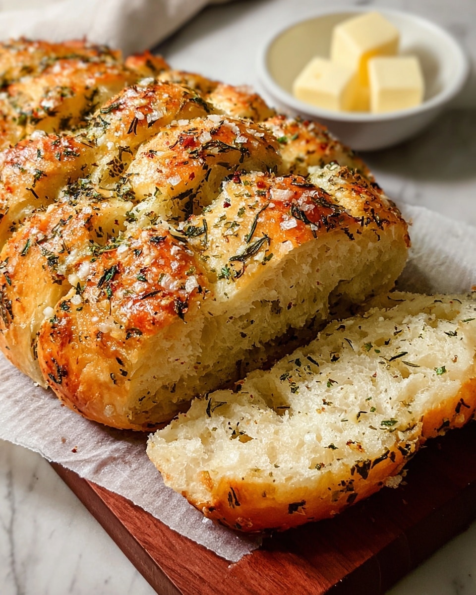 A freshly baked loaf of golden brown garlic bread sits on a wooden board lined with parchment paper, cut into thick slices that reveal a soft, airy inside with a light cream color. The top crust is crisp and sprinkled with green dried herbs like parsley and rosemary, along with bits of garlic and coarse salt, giving it a textured, flavorful appearance. The herbs and garlic are distributed unevenly across the top, adding visual interest and a rustic feel. In the background, there is a small white bowl with a few cubes of pale yellow butter, placed on a white marbled surface. The overall image shows the warmth and inviting texture of the bread closely up. photo taken with an iphone --ar 4:5 --v 7