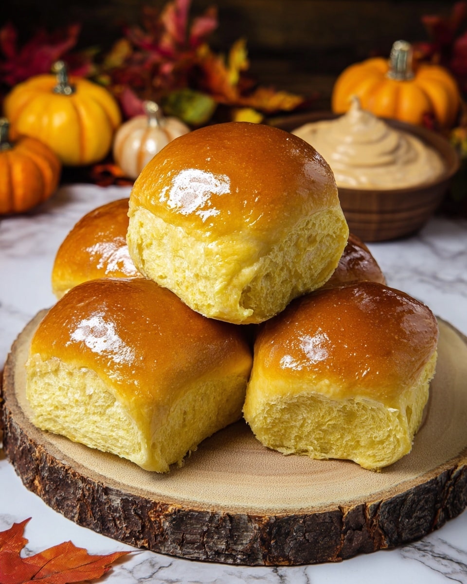 The image shows four soft dinner rolls with shiny, golden-brown tops and light yellow, fluffy insides, arranged with three at the base and one resting on top in the center. They are placed on a round wooden board with rough bark around the edge. In the background, there is a bowl filled with a creamy beige spread, some small decorative pumpkins, and fall leaves, all set on a white marbled surface. photo taken with an iphone --ar 4:5 --v 7