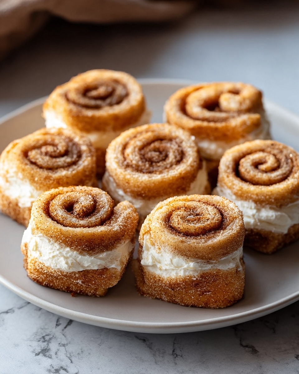 The image shows eight cinnamon roll shaped desserts arranged closely on a white plate, each with two visible layers: a soft golden brown cinnamon-spiced dough rolled into tight spirals on the top and bottom layers, and a thick, creamy white filling layer in the middle. The dough layers have a slightly sugar-coated texture with visible cinnamon specks giving a warm, speckled look, while the filling looks smooth and fluffy between the dough layers. The plate is set against a white marbled textured surface with soft natural lighting highlighting the soft texture of the cinnamon rolls. photo taken with an iphone --ar 4:5 --v 7