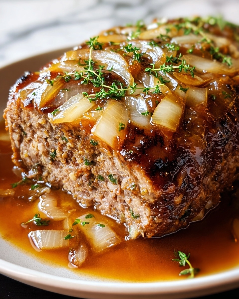 A close-up view of a cooked meatloaf resting on a white plate, cut on one side showing its juicy and crumbly brown inside. The meatloaf is topped with a layer of soft, translucent cooked onions that have a light golden color, and small green herb sprigs scattered evenly on top adding freshness. The meatloaf sits in a pool of shiny brown sauce that glistens, with some onion pieces submerged in it. The white plate contrasts with the rich colors of the dish, and the background features a white marbled texture. Photo taken with an iphone --ar 4:5 --v 7
