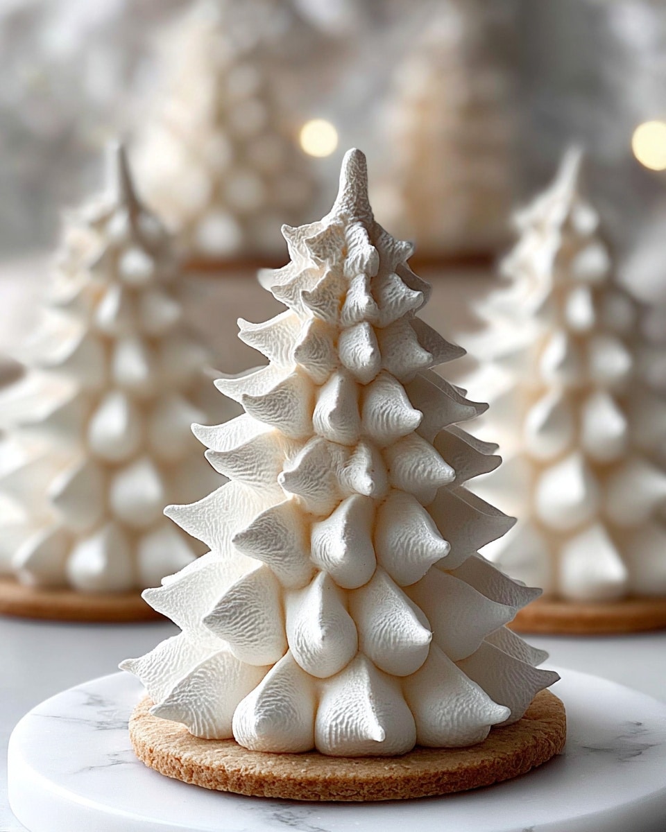 The dish shows small Christmas tree shapes made of multiple layers of curled, fluffy white meringue that look soft and airy. Each tree has around six to eight layers, starting bigger at the bottom and getting smaller toward the pointed top, creating a spiraled effect. The meringue sits on a round, light brown cookie base, and the whole setup is on a white marble surface. The background is softly blurred, showing more similar meringue trees, giving a cozy, festive feel. photo taken with an iphone --ar 4:5 --v 7