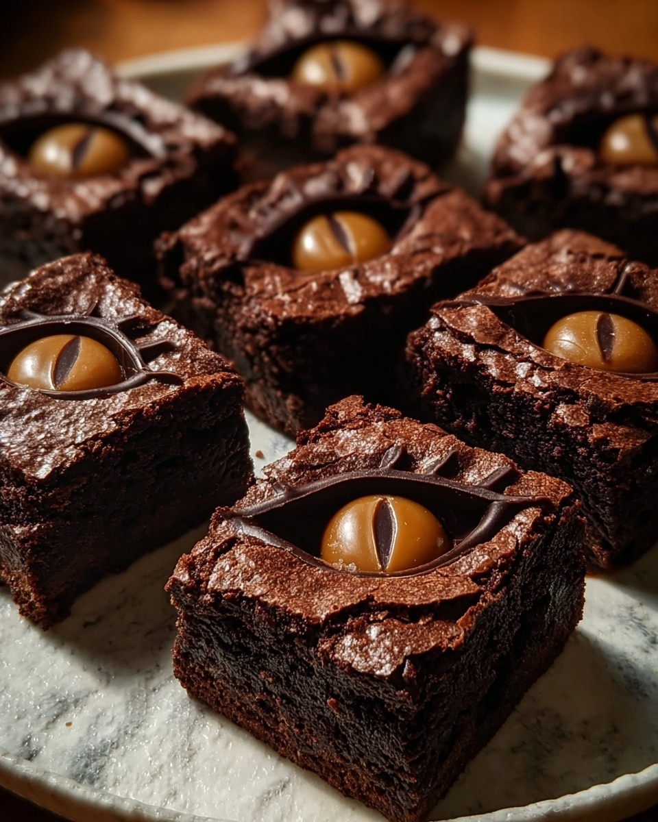 A close-up image shows six dark brown brownies arranged on a white plate with a subtle textured surface. Each brownie is thick and square-shaped with a cracked, chewy top layer. On the top center of every brownie, there is a detailed decoration resembling an eye: a smooth, glossy dark chocolate outline shaped like an eyelid with five short lines as eyelashes, and a round caramel-colored candy in the middle that looks like the eye's iris, featuring a small black vertical slit for the pupil. The brownies are set on a white marbled surface, with warm lighting highlighting their rich texture. photo taken with an iphone --ar 4:5 --v 7
