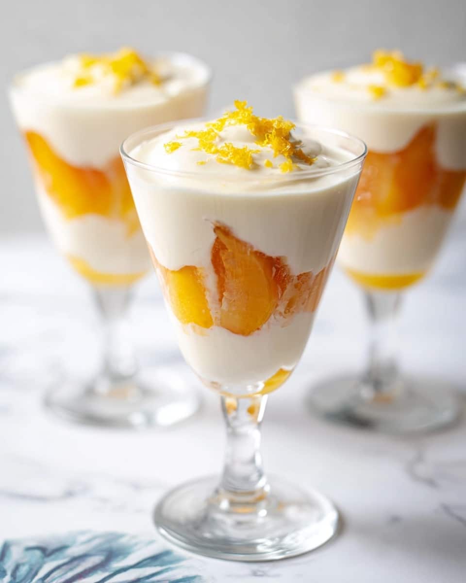 The dessert is served in clear tall glasses with a short stem and wide base. Each glass has two main layers: the bottom layer is made of bright orange-yellow cooked or caramelized peach slices with a slightly glossy texture, and the top layer is a thick, smooth, white cream or mousse that fills the rest of the glass. Small yellow zest pieces are sprinkled on top of the cream, adding a touch of color and texture. The glasses are placed on a white marbled surface, creating a clean and light setting. Photo taken with an iphone --ar 4:5 --v 7