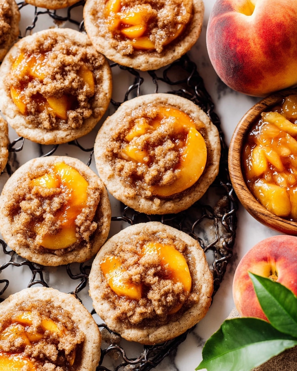 The image shows round cookies placed on a black wire rack over a white marbled surface. Each cookie has three layers: the base is a golden-brown baked dough with a soft texture, the middle is a bright orange peach filling with small fruit chunks that look glossy and juicy, and the top layer is a crumbly brown streusel sprinkled over the peach layer. Nearby, there are fresh peaches with red and yellow skin and green leaves, plus a wooden bowl filled with more peach filling. The scene is bright and has a cozy, warm feeling. Photo taken with an iphone --ar 4:5 --v 7