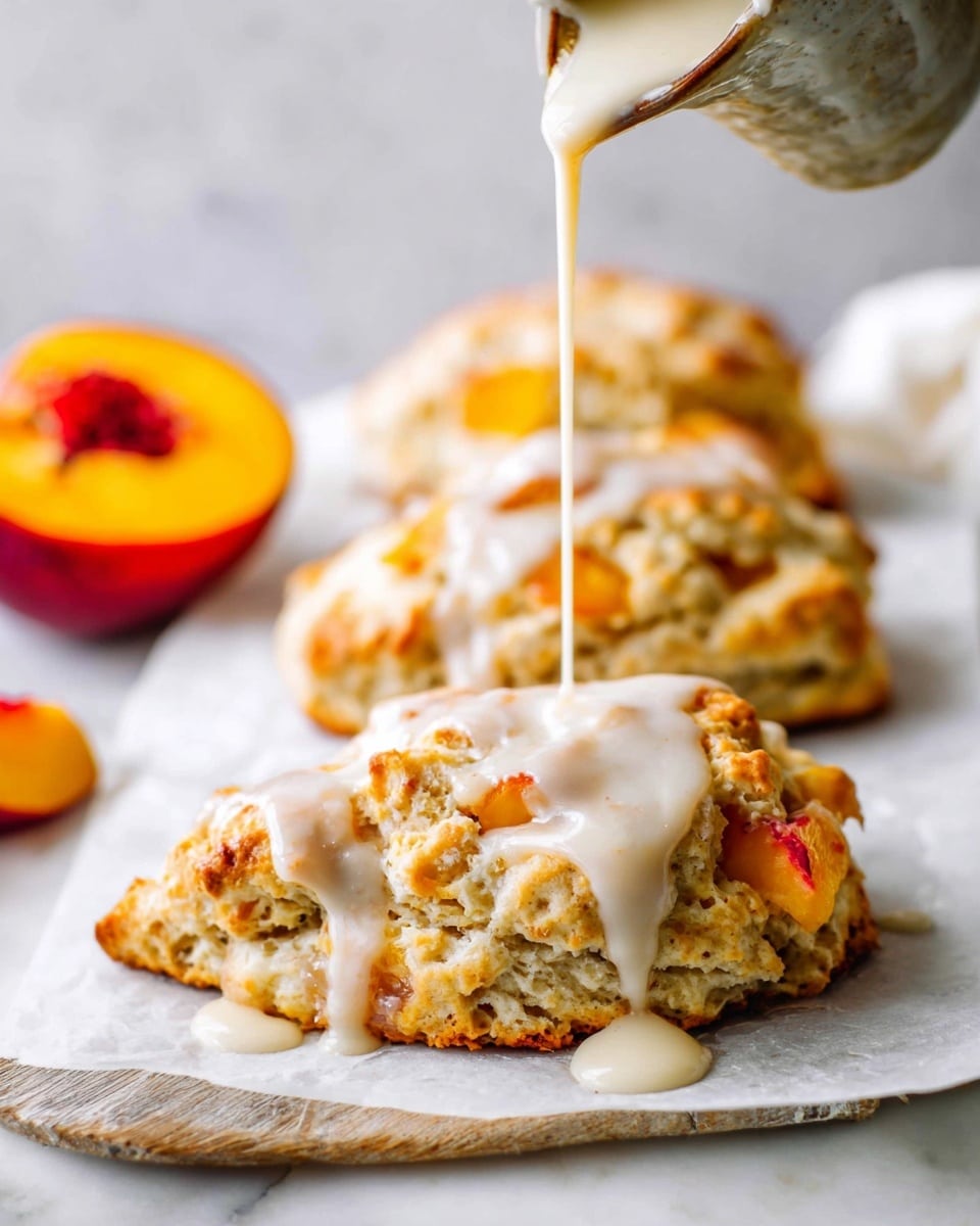 A close-up of three golden-brown scones with visible chunks of peach inside, placed on white parchment paper over a white marbled surface. A woman's hand is pouring creamy white glaze from a spoon onto the nearest scone, with the glaze dripping and spreading over the textured surface. In the background, there is a halved peach with bright orange-yellow flesh and a whole peach, both slightly out of focus. photo taken with an iphone --ar 4:5 --v 7