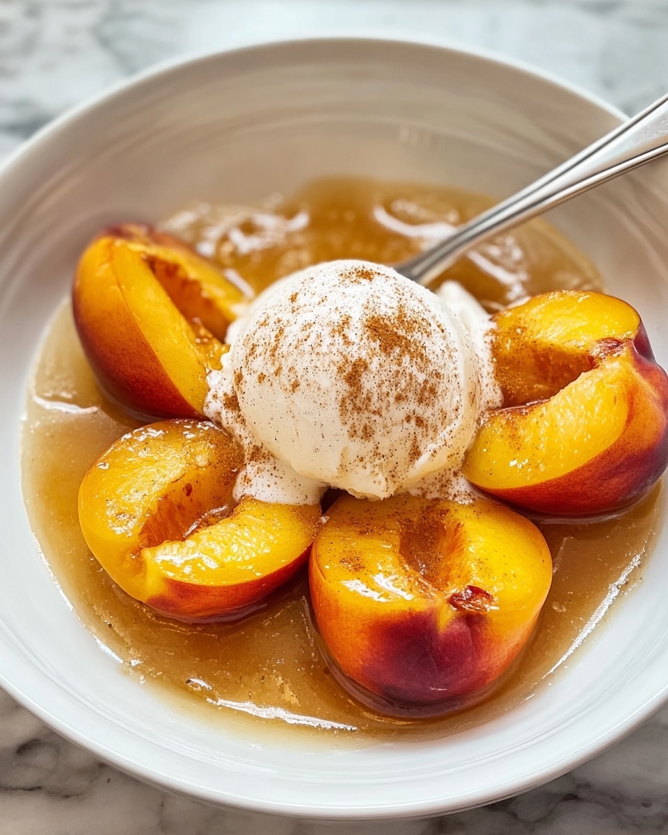 A white bowl holds four bright yellow and red peach halves arranged in a circle with their curved sides facing outwards. The peaches sit in a golden syrupy sauce that fills the bottom of the bowl. On top of the peaches is a single round scoop of white vanilla ice cream, slightly melting at the edges and drizzled with a light brown cinnamon powder and syrup. A silver spoon rests inside the bowl at the back. The bowl is placed on a white marbled surface. photo taken with an iphone --ar 4:5 --v 7