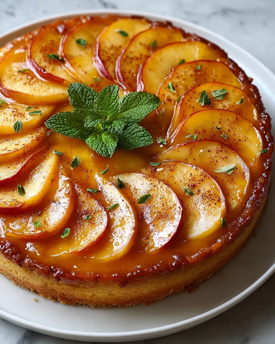 A round apple tart with about three layers is shown on a white plate placed on a white marbled surface. The top layer is made of shiny caramelized apple slices, arranged in slightly overlapping circles from the outer edge to the middle. The apple slices are golden yellow with a light red edge, sprinkled with brown cinnamon powder and small green mint leaves. The middle layer is a thick, soft-looking caramel glaze with a glossy texture that glistens in the light. The bottom layer is a golden brown crust with a slightly rough texture visible around the edges. In the center of the tart, there is a small bunch of fresh green mint leaves for decoration. The photo taken with an iphone --ar 4:5 --v 7