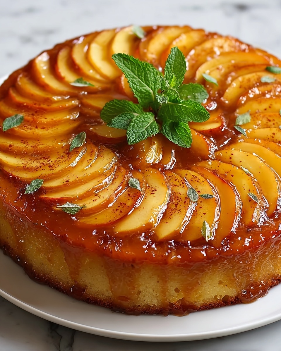 A round upside-down cake with a base layer of golden-brown caramelized crust, topped with two visible layers of thinly sliced glossy apple wedges arranged in a circular pattern with a warm amber caramel glaze covering them, sprinkled lightly with ground cinnamon or spices, and garnished with fresh green mint leaves at the center, all placed on a white plate with a white marbled surface in the background. photo taken with an iphone --ar 4:5 --v 7