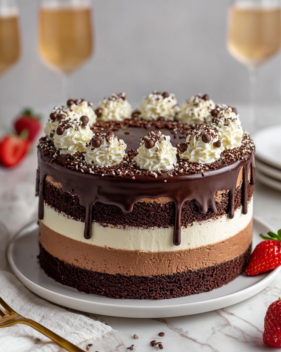 A tall layered cake on a white plate shows four clear layers from bottom to top: dark chocolate cake, milk chocolate mousse, white cream, and another layer of dark chocolate cake. The top is covered with thick dark chocolate ganache dripping slightly down the sides. On top of the ganache, there are white whipped cream dollops arranged around the edge with small round chocolate pieces and shavings scattered over the center. The cake sits on a white marbled surface with a gold fork in front and a red strawberry on a white cloth nearby. In the blurred background, two glasses with a light golden drink are visible. Photo taken with an iphone --ar 4:5 --v 7