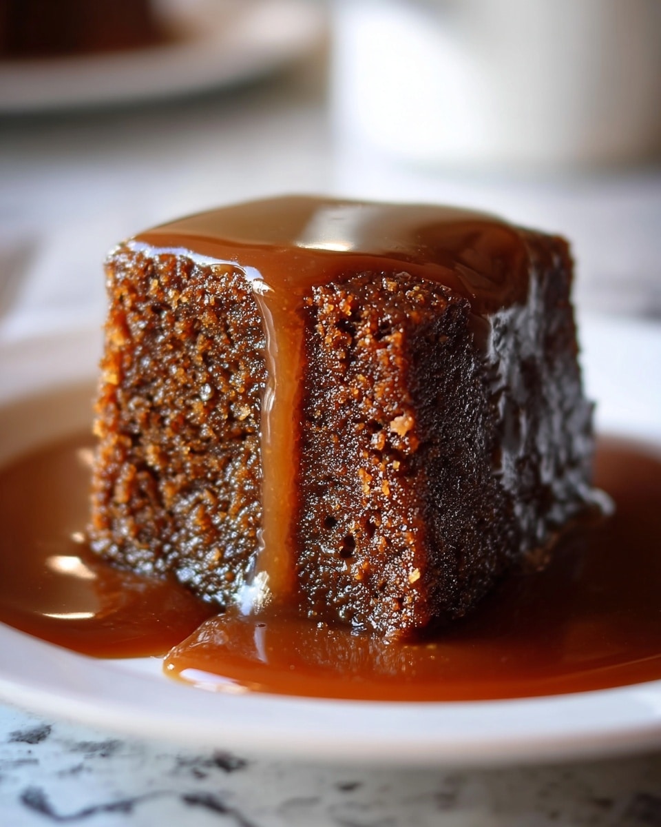 A single piece of dark brown sticky cake with a moist and dense texture sits on a white plate, covered with a thick, glossy caramel sauce that drips slowly down its sides, pooling around the base. The cake shows a rough crumb structure with small air pockets, giving it a rich, textured look. The light reflects off the caramel, enhancing its smooth and shiny surface, while the background is softly blurred against a white marbled texture. photo taken with an iphone --ar 4:5 --v 7