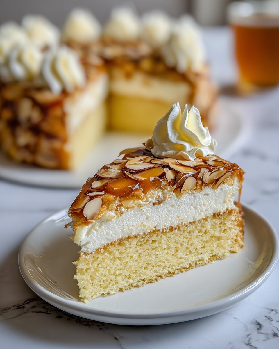 The image shows a slice of cake with three layers on a white plate placed on a white marbled surface. The bottom and top layers are light yellow sponge cake, soft and spongy in texture. Between these cake layers is a thick, smooth, white cream filling. The top is covered with a shiny caramel glaze with toasted almond slices scattered across, giving a crunchy texture. A small swirl of white whipped cream sits on top of the slice near the edge. In the background, the rest of the whole cake is visible with similar topping and whipped cream dollops. Photo taken with an iphone --ar 4:5 --v 7
