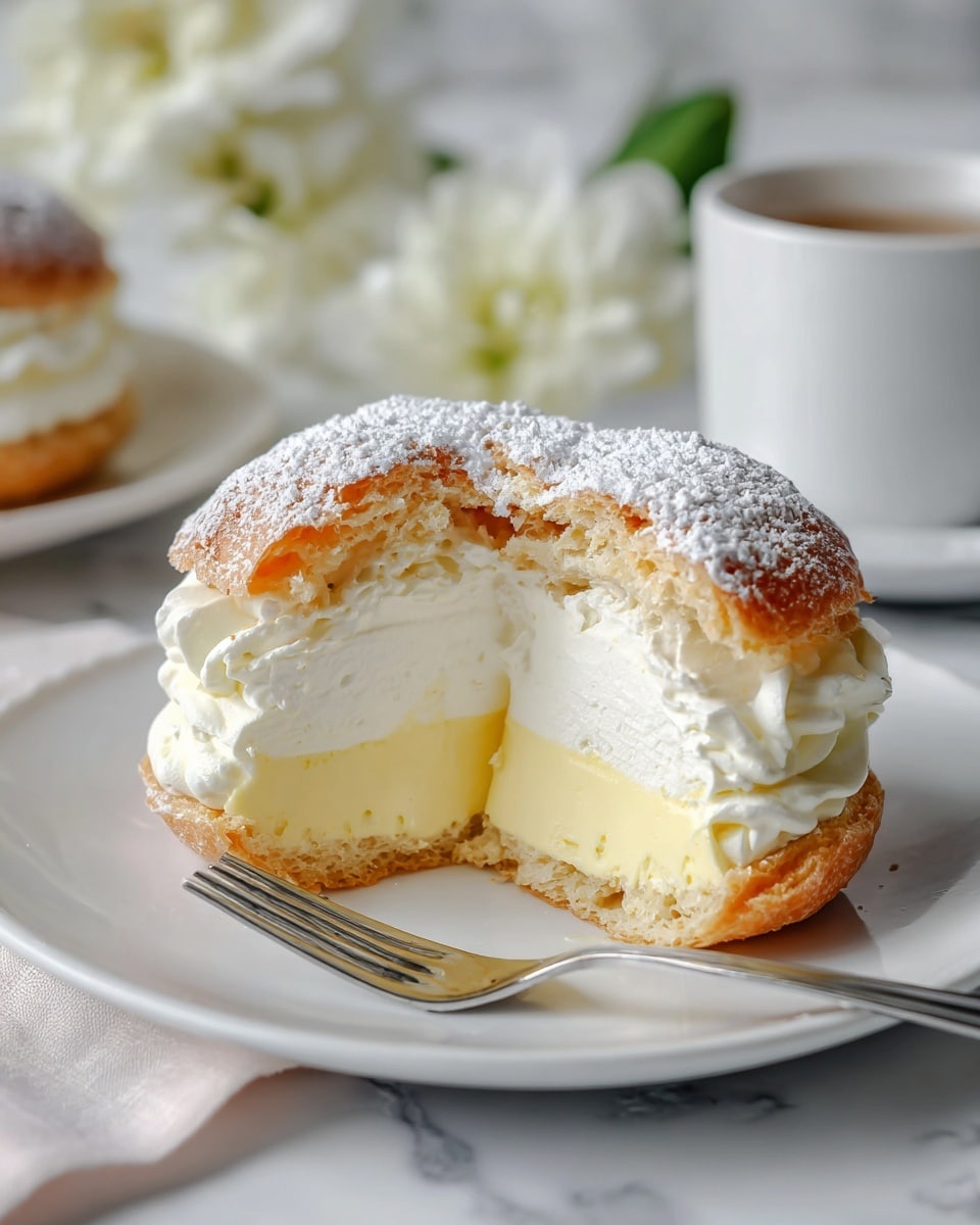A round cream puff dessert is shown on a white plate, with one slice cut out revealing three layers: the top layer is a golden-brown choux pastry dusted with white powdered sugar, the middle layer is thick, white whipped cream with a soft, light texture, and the bottom layer is a pale yellow custard cream with a smooth surface; the plate is placed on a white marbled texture, and a silver fork is resting on the plate near the cut slice, with blurred white flowers and a white cup in the soft background. photo taken with an iphone --ar 4:5 --v 7