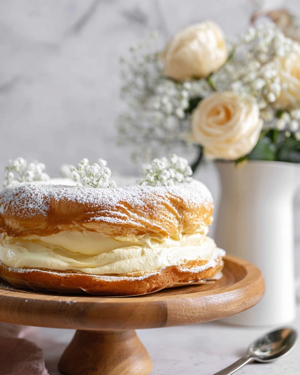 A round cake with three visible layers sits on a wooden cake stand. The bottom layer is a light golden crust, the middle layer is a thick creamy pale yellow filling, and the top layer is a puffed, golden-brown pastry dusted with white powdered sugar. Small white flowers are placed on top for decoration. In the background, there is a white vase with pale cream roses and small white flowers against a white marbled texture, creating a soft, elegant setting. A silver spoon is partially visible under the cake stand. photo taken with an iphone --ar 4:5 --v 7