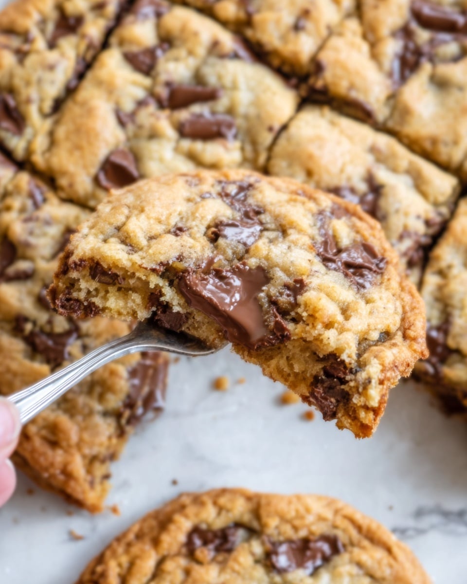 A close-up image of a golden brown cookie with visible dark chocolate chunks scattered throughout its cracked surface. The cookie is thick and chunky, showcasing a slightly crispy top layer with a soft and chewy inner texture. A woman's hand is holding a broken piece of the cookie with a silver fork, lifting it away from the rest of the cookie. The background is a white marbled texture. photo taken with an iphone --ar 4:5 --v 7