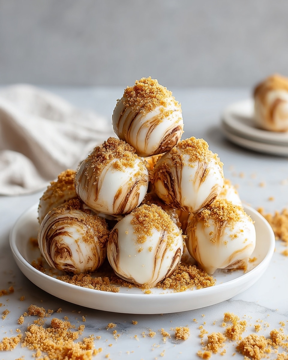 A white plate holds a pile of round dessert balls, each featuring a swirled mix of white and light brown creamy layers creating a marbled effect on the surface. The balls are coated unevenly with crushed golden brown crumbs at the bottom and scattered lightly on top, giving a textured appearance. There are about nine balls stacked in a pyramid shape, and extra crumbs are scattered around the plate and nearby on a white marbled surface, adding a casual, homemade touch. The background is softly blurred, showing a neutral, light setting. photo taken with an iphone --ar 4:5 --v 7