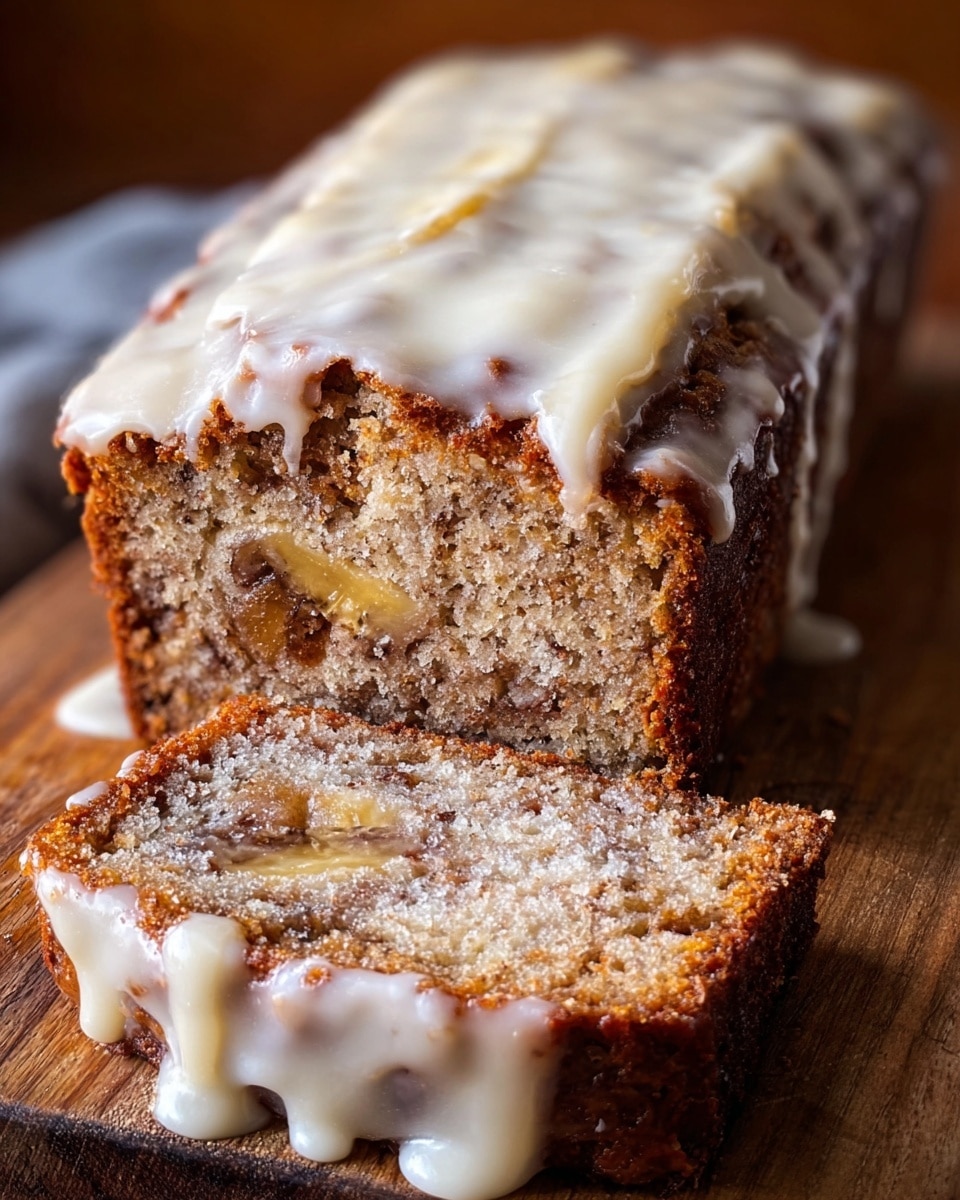 A loaf of banana bread is shown with one thick slice cut and lying flat in front. The bread has two visible layers—its inside is a moist, light brown texture with chunks of banana and darker spots of cinnamon or nuts, while the outside crust is golden brown and slightly crisp. The top of the loaf is covered with a creamy white glaze that is spread thickly and dripping down the sides and onto the wooden board beneath. The wooden surface adds a warm contrast to the soft and creamy textures of the bread and glaze. Photo taken with an iphone --ar 4:5 --v 7