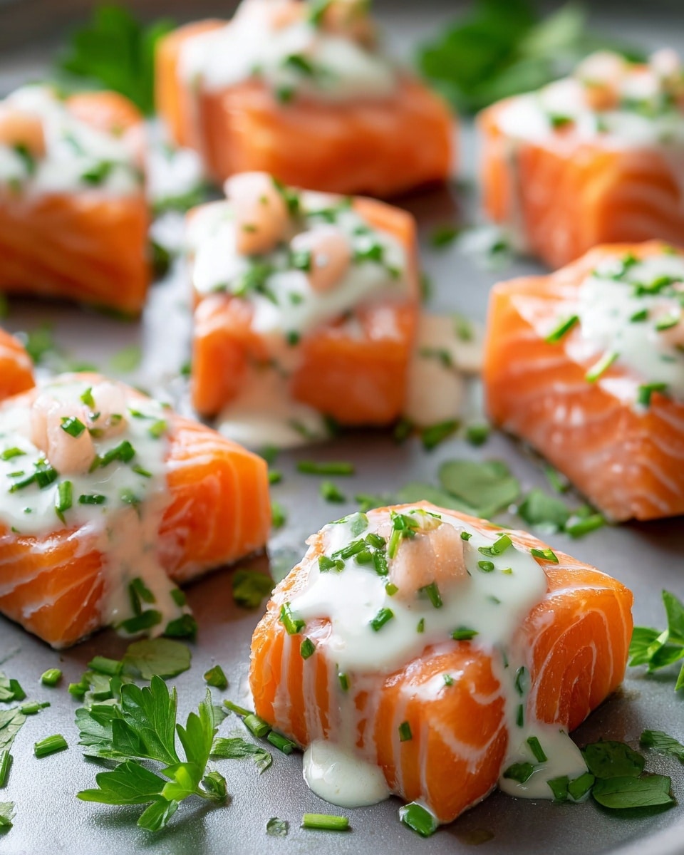 Small square pieces of bright orange salmon with visible white marbling are placed on a plate. Each salmon piece has a dollop of smooth, creamy white sauce on top, covered with small bits of pale pink salmon and sprinkled with chopped green herbs. The salmon pieces are arranged on a shiny gray surface that reflects light, with scattered green herb leaves around them adding fresh color. The texture looks fresh and moist, with the sauce slightly dripping down the sides of the salmon. Photo taken with an iphone --ar 4:5 --v 7
