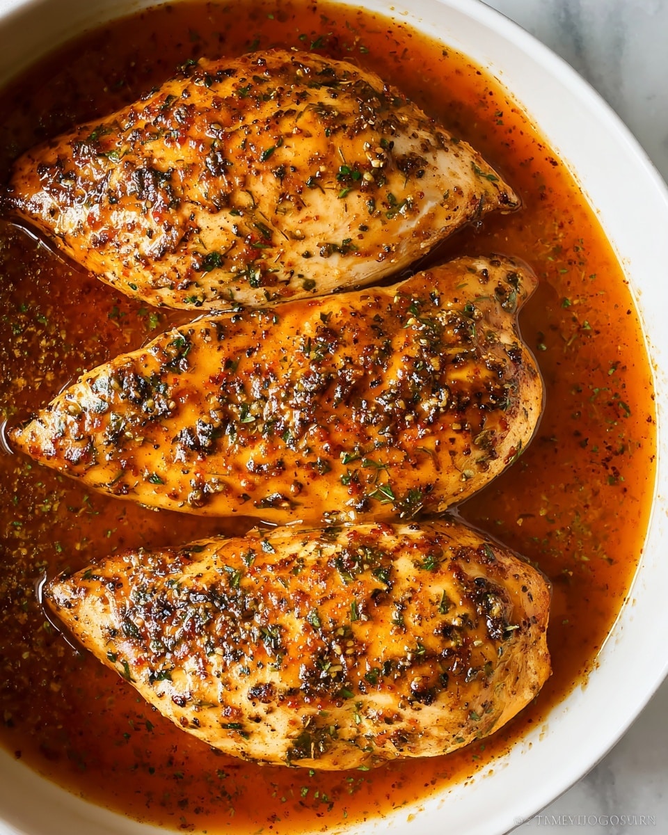 The image shows three pieces of cooked chicken breasts in a white dish, covered with a shiny orange-brown sauce with black and green herbs sprinkled all over. The chicken breasts have a smooth yet slightly bumpy texture, appearing juicy and well-coated in the glossy sauce. The sauce pools around the chicken, filling the dish's bottom with a rich, warm color and a slightly thick consistency. The dish sits on a white marbled surface with gentle light highlighting the chicken’s moist, tender look. photo taken with an iphone --ar 4:5 --v 7