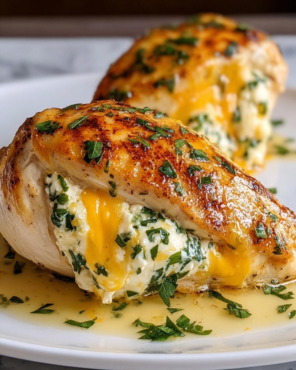 Two pieces of cooked chicken breast sit on a white plate with a white marbled surface below. Each chicken breast is stuffed with a creamy, white and yellow cheese mixture blanketed with chopped green herbs. The outer layer of the chicken is golden brown and slightly crispy, topped with melted yellow cheese that has browned spots. Fresh green herbs are sprinkled on top and around the chicken, with a light sauce pooling on the plate. The photo is close-up, capturing the glossy texture and layers in detail. photo taken with an iphone --ar 4:5 --v 7