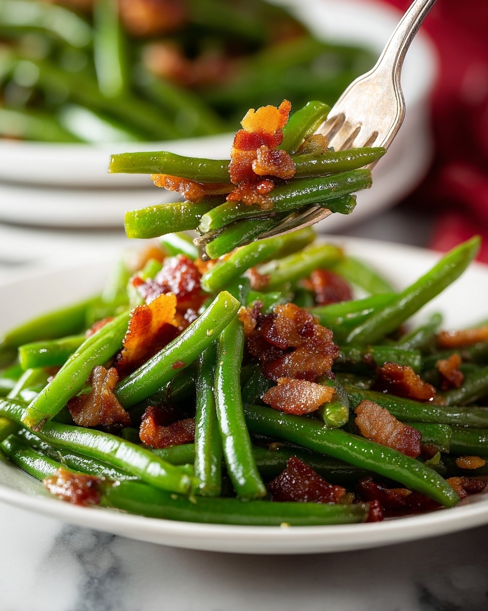 A close-up of a white plate filled with bright green cooked green beans mixed with crispy brown bacon pieces scattered evenly throughout. Above the plate, a fork holds a small bunch of glossy green beans and bacon bits, showing their texture clearly. The background has another white plate with green beans slightly out of focus on a white marbled surface. Photo taken with an iphone --ar 4:5 --v 7