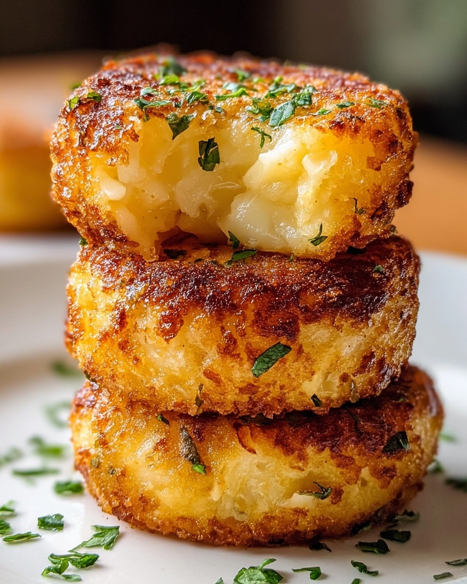 The image shows a stack of three crispy golden-brown potato croquettes with a crunchy outer layer and soft, creamy inside visible through small cracks. The croquettes are round with slightly uneven surfaces and sprinkled with fresh, finely chopped green herbs on top and around. They are arranged on a white plate set on a white marbled surface. The close-up photo highlights the texture and warm color of the croquettes, focusing on two pieces stacked on top of each other with a blurred background. Photo taken with an iphone --ar 4:5 --v 7