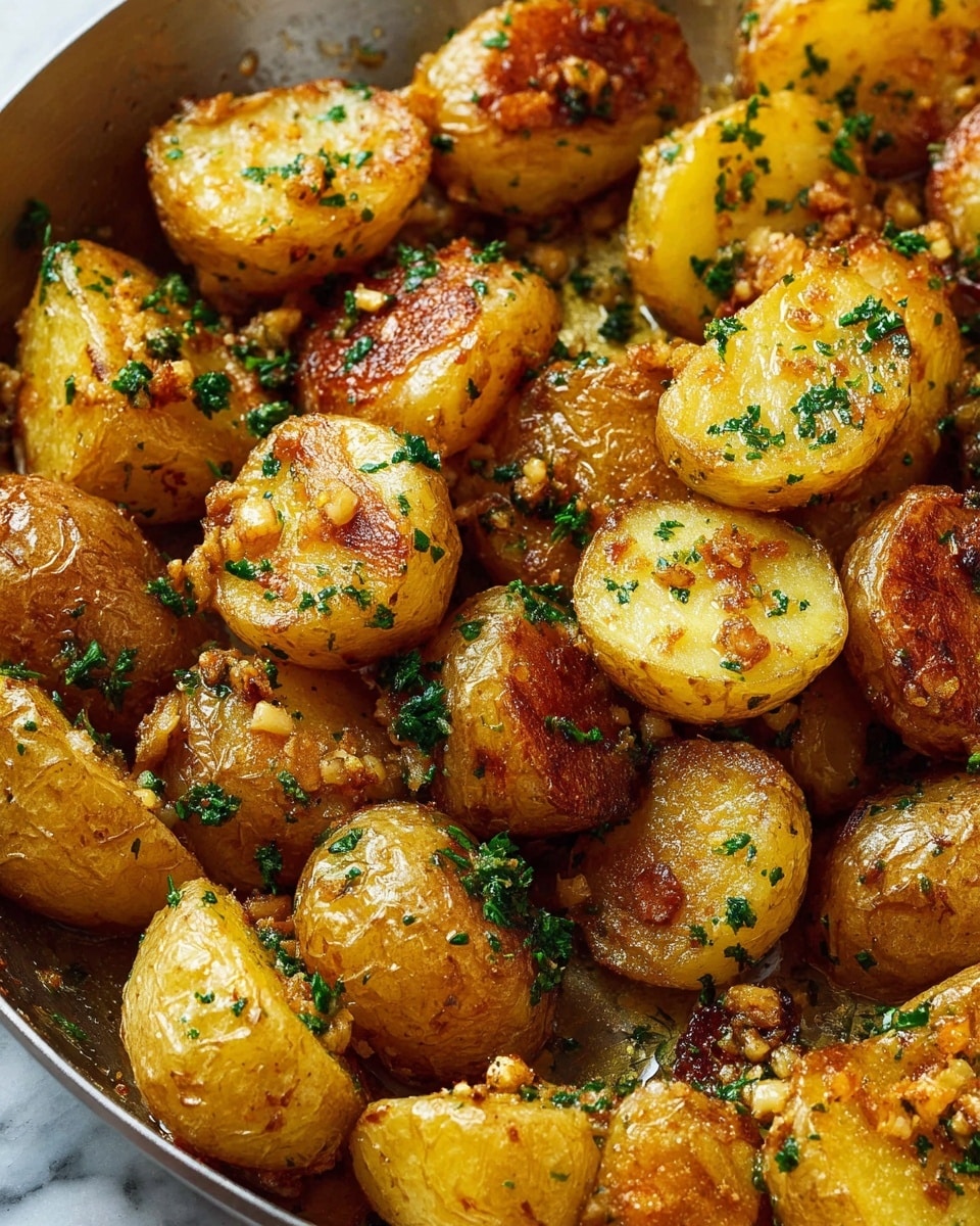 A close-up view of roasted baby potatoes cut in halves, with a golden brown crispy outer layer and a soft yellow interior, topped with small bits of toasted garlic and finely chopped green parsley scattered unevenly over each piece, all arranged tightly together in a silver pan with some oil glistening around the potatoes, sitting on a white marbled surface. Photo taken with an iphone --ar 4:5 --v 7