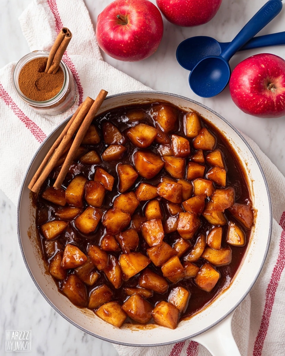 The image shows a white pan filled with caramelized apple chunks coated in a shiny, dark brown sauce. The apples are cut into irregular bite-sized pieces, soft and glossy with rich caramel color. On top of the apples, there are two whole cinnamon sticks placed diagonally. Next to the pan, there are two red apples, a jar of ground cinnamon, and two nesting blue measuring spoons, one holding some cinnamon powder. A white cloth with thin red stripes is partially visible beneath the pan, all set on a white marbled surface. photo taken with an iphone --ar 4:5 --v 7